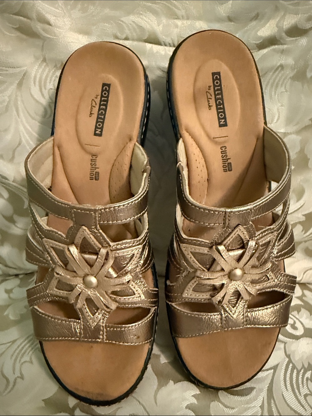 Clarks Gold Metallic Floral Cutout Wedge Sandals